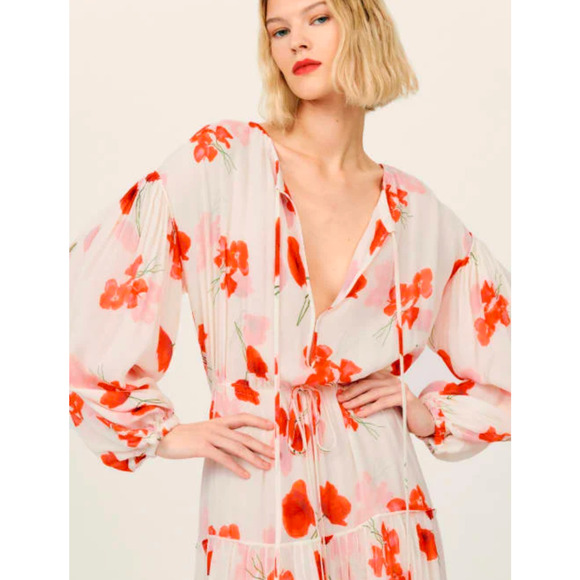 Reformation The Collection 100% Silk Floral Maxi Dress White Red M 62” Long - Picture 2 of 8